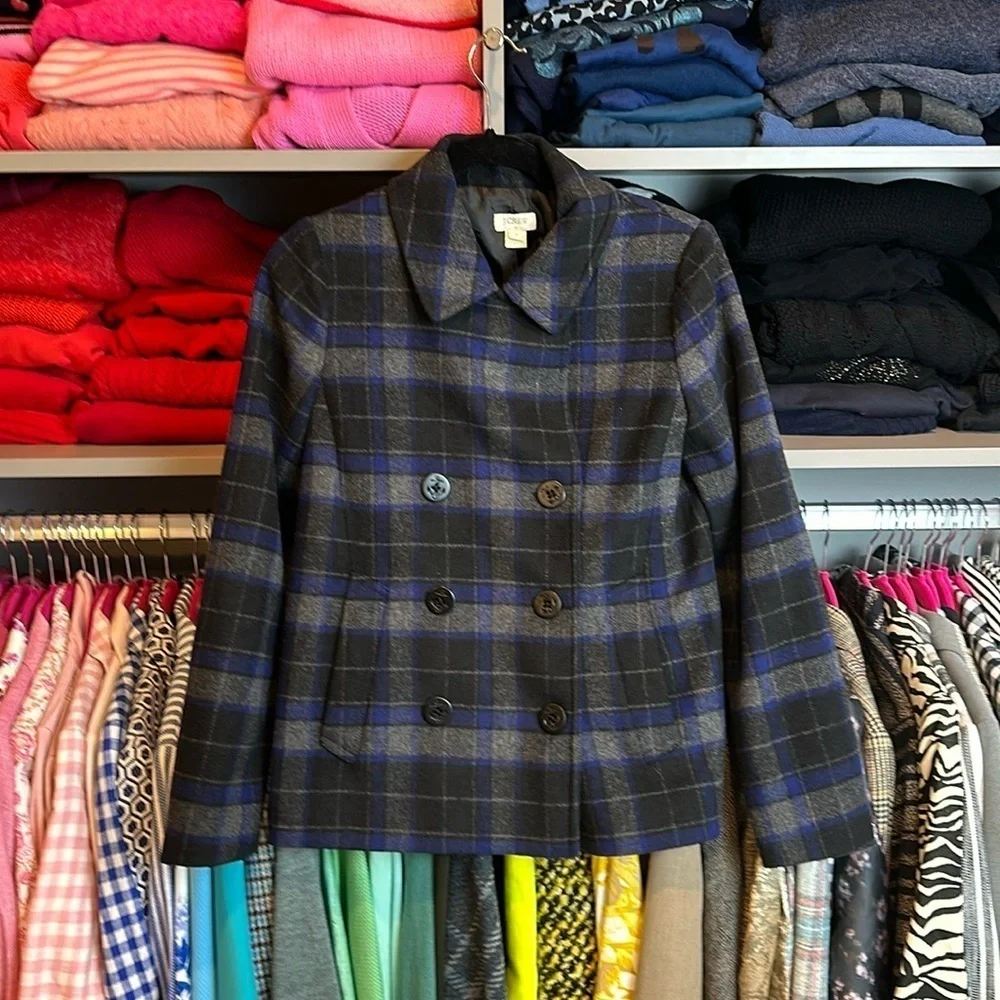 J Crew blue/gray/black plaid pea coat size XS - Picture 1 of 5